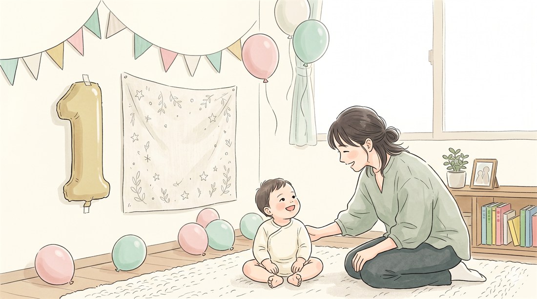 1歳の誕生日をおうちで飾り付けし、数字1のバルーンの前で笑う赤ちゃんとやさしく見守るママのイラスト